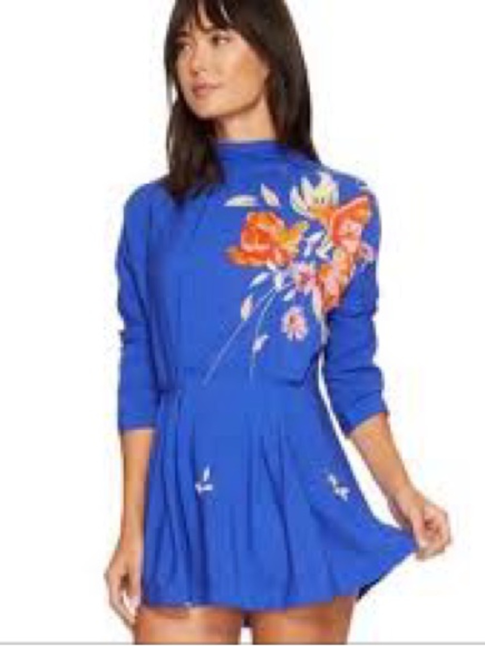Free People Royal Blue Long Sleeve Floral Mini Dress